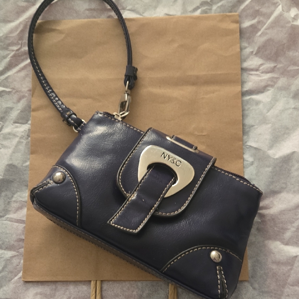New York & Company Navy Leather Wristlet with Brushed Silver Buckle